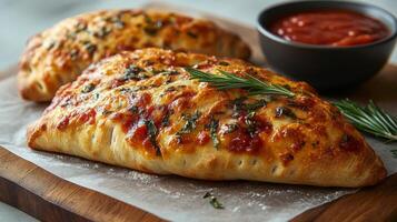 Two cheesy breads with tomato sauce on a cutting board photo