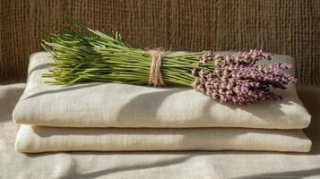 Lavender flowers on linen sheets photo