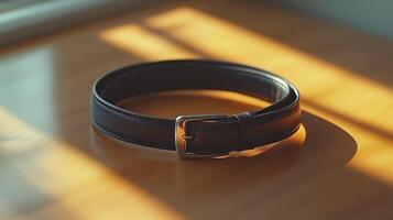 A black leather belt sitting on a wooden table photo