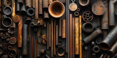 Assorted rusted metal tubes and various industrial objects are displayed photo