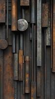Abstract geometric composition of weathered metal bars and cylinders photo