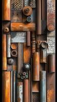 Abstract composition featuring rusty metal pipes and industrial components photo