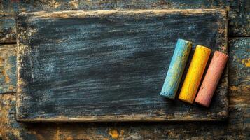 Old blackboard with chalk and colored pencils on it photo