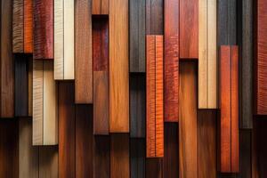 Abstract arrangement of wooden planks of varying colors and lengths photo