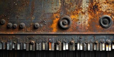 Heavily rusted aged mechanism with metallic keys and components photo