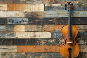 Violin rests against a backdrop of weathered wood planks photo