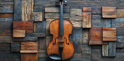 Violin resting against a rustic wooden block wall background photo