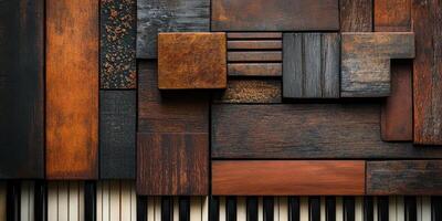 Piano keys overlaid with geometric composition of wooden blocks photo
