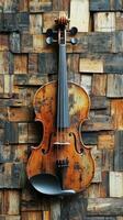 Violin centered on a wooden block textured surface photo