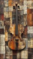 Wooden violin art against patchwork wooden block background photo