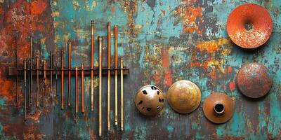 Antique musical instrument parts hang on a weathered wall photo