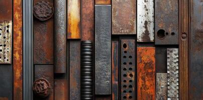 Various types of rusted metal pieces arranged in a pattern photo