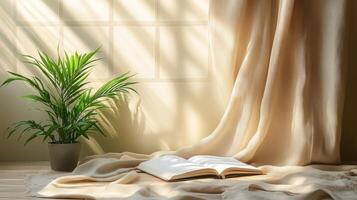 Open book and plant on the floor in front of window with curtains photo