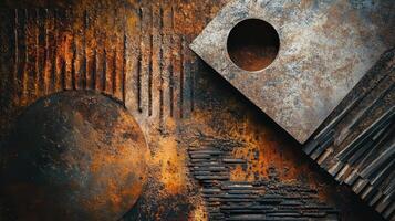Abstract geometric composition with rusted textures and metallic elements photo
