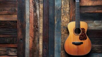 Acoustic guitar rests against a weathered wooden wall surface photo
