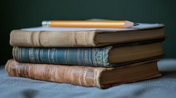 A stack of old books with a pencil on top photo