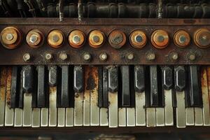 Decayed piano keyboard with rusted metal accents is shown photo