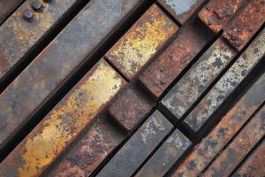 Rusted metal bars are stacked diagonally in a close up view photo