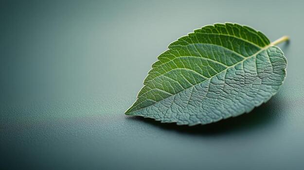 A single green leaf on a table photo