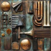Abstract sculptural assemblage featuring metal components and musical instruments photo