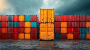 A large container is sitting in front of a row of shipping containers photo