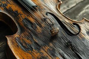 An old worn cello with beautiful rustic textured wooden surface photo