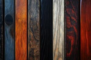 Variety of stained and varnished wood planks arranged vertically photo