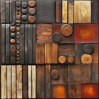 Abstract wooden artwork showcasing geometric shapes and varied wood tones photo