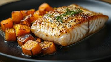 Grilled fish with sweet potatoes on a black plate photo