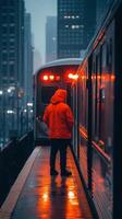 A man in an orange jacket standing on the platform of a train photo