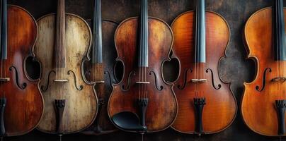 Row of beautifully aged violins displayed against a dark background photo