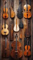 An array of stringed musical instruments displayed on wood photo