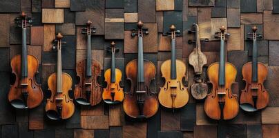 Collection of violins and a stringed instrument on display photo