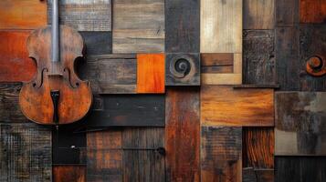 An aged cello rests against a geometric wooden patchwork background photo