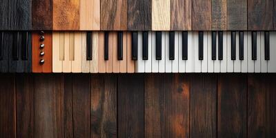 Wooden piano keys with wooden background showing musical expression photo