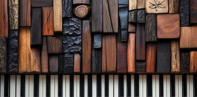 Piano keys are displayed beneath a variety of wood blocks photo