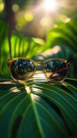 Sunglasses on a tropical leaf photo