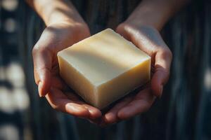 A person holding a square of soap in their hands photo