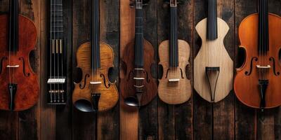 Various types of stringed instruments hanging on rustic wooden wall photo