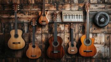 Various musical instruments adorn a rustic wooden wall beautifully photo