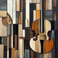 Wooden block artwork depicts a cello and musical elements photo