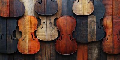 Wooden violin shapes arranged on a textured wood paneling photo