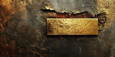 Rectangular gold object embedded in rugged dark metallic surface photo