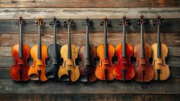 A collection of violins resting against a textured wooden wall photo