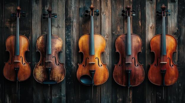 Five violins displayed against a rustic dark wood background photo