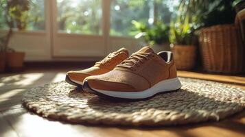 A pair of brown sneakers on a rug in front of a window photo