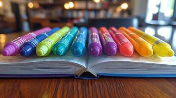 A book with several colored markers on it photo
