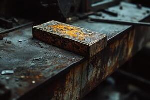 Rusty rectangular block sitting atop a weathered industrial metal surface photo