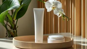 A white container with a white tube and a white orchid photo