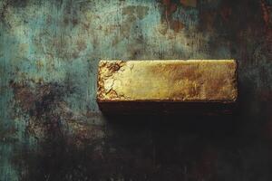Gold brick resting on a mottled and grungy surface photo